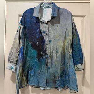 3 Potato Size S/M Collared Button Down Blue Splatter Blouse Y5